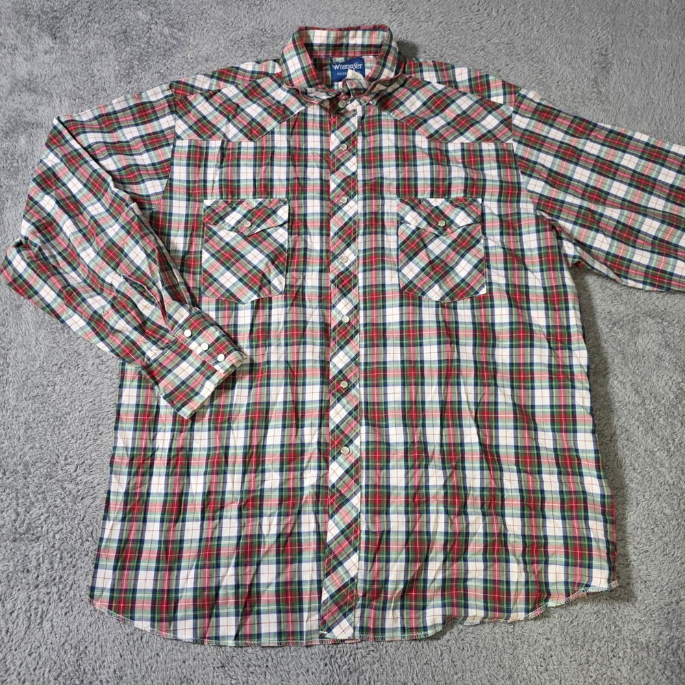 Wrangler Mens XL Western Shirt Red Green Plaid Snap Front Long Sleeve 75204PP